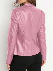 Women's Fashionable Casual Solid Color Long Sleeve Motorcycle Style Zipper PU Leather Jacket, Suitable For Spring, Autumn And Winter - Pink - View 2