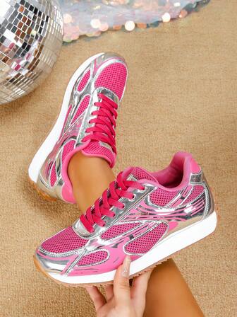 Women's Geometric Pattern Casual Sneakers, Versatile For Party, Sports, Retro, Commute, Fabric Geometric Design, Suitable For Wedding, Party, Office, Gym, Outdoor, All Seasons, Dopamine, Round Toe, Low-Top, Pink, Black, Fabric, PU Leather