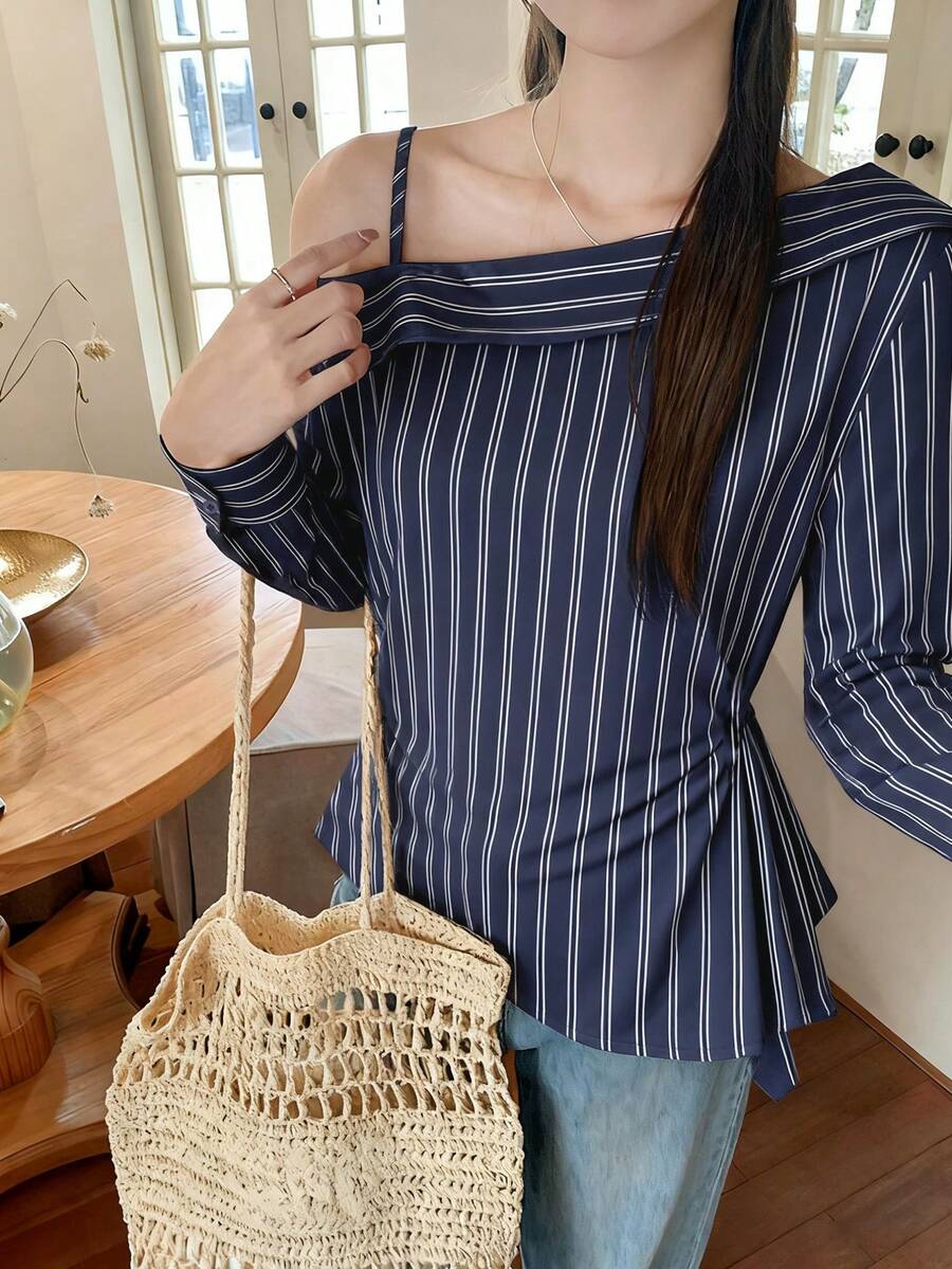Women's Autumn/Winter Cold-Shoulder Striped Oblique Collar Sleeveless Blouse, Pleated Waist Design, Slimming - Royal Blue - View 1