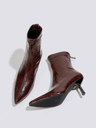 Fall/Winter 7cm High Heel Ankle Boots & Short Boots, Burgundy, Comfortable & Fashionable Pointed Toe Slim Fit Elastic Boots For Women