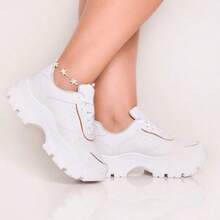Women's Platform Sneakers, Casual White, Comfortable And Stylish, University Style, Chunky Sole, High Top, Gold Detail - 4.02-Bco/Vàng - Xem 1