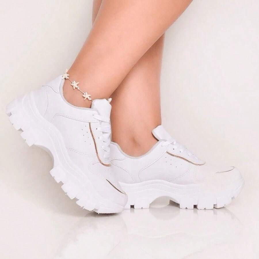 Women's Platform Sneakers, Casual White, Comfortable And Stylish, University Style, Chunky Sole, High Top, Gold Detail - 4.02-Bco/Vàng - Xem 1