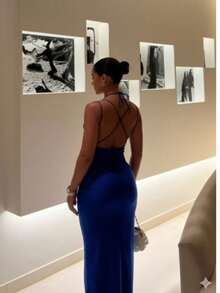 Women's Long Dress With Open Back, Tie-Neck Bikini, Open Front Neckline, Lightweight Stretchy Supplex Fabric, Comfortable, Fitted, Modern, Sensual, Summer 2025, Beach, Party, Club, Travel, Daytime Look, Elegant Women's Fashion, Flowing Fabric, Light Drape, Long Women's Bikini Dress, Tie Neck, Open Back, Beach Dress, Summer Dress, Women's Long Dress With A Low Neckline, Plain, Shapeless, Flattering, Accentuates Curves, Brazilian Style, Casual, Sophisticated, Long Open Front Dress, Women's Beach Fashion, Summer 2025, Lightweight, Cool Dress With Integrated Bikini, Long Dress With Tie Neck, Open Back, Women's Summer Look, Beach, Pool, Elegant Women's Fashion, Open Front Dress, Lightweight Supplex Fabric, Long, Fitted, Sensual - Màu xanh lam - Xem 4