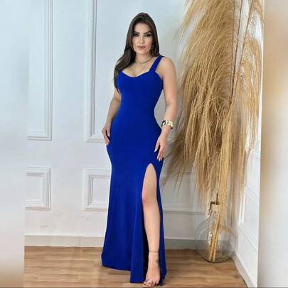 Vestido Longo Sereia Decote Alça Regata Fenda Lateral Festa Casamento Formatura Madrinha