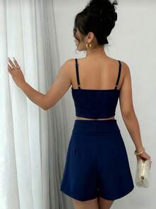 Women's Cropped Top And Tailored Shorts Set, Lina Moda, Sizes P, M, G - Azul Marino - Ver 3