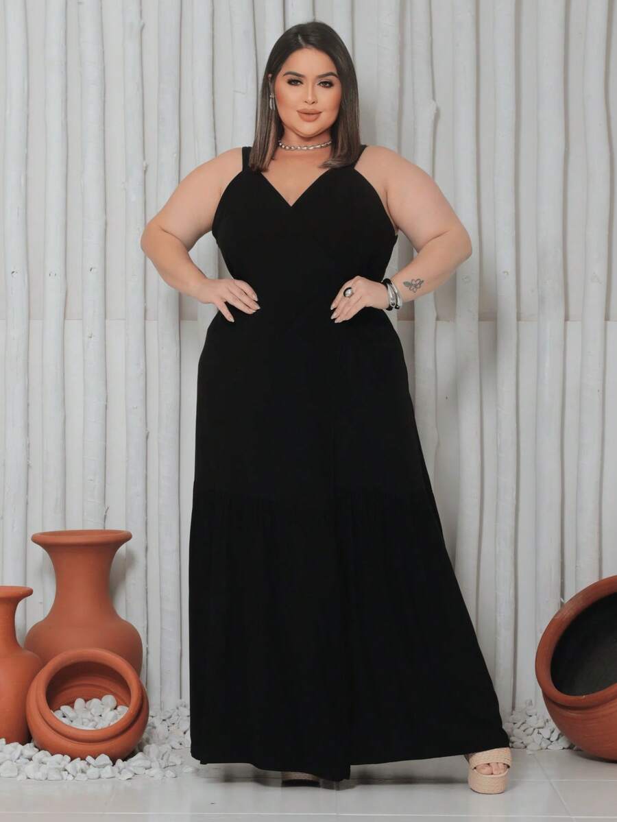 Long Wrap Dress With Thin Straps Made Of Smooth Viscose Linen. - 黑色 - 查看 1