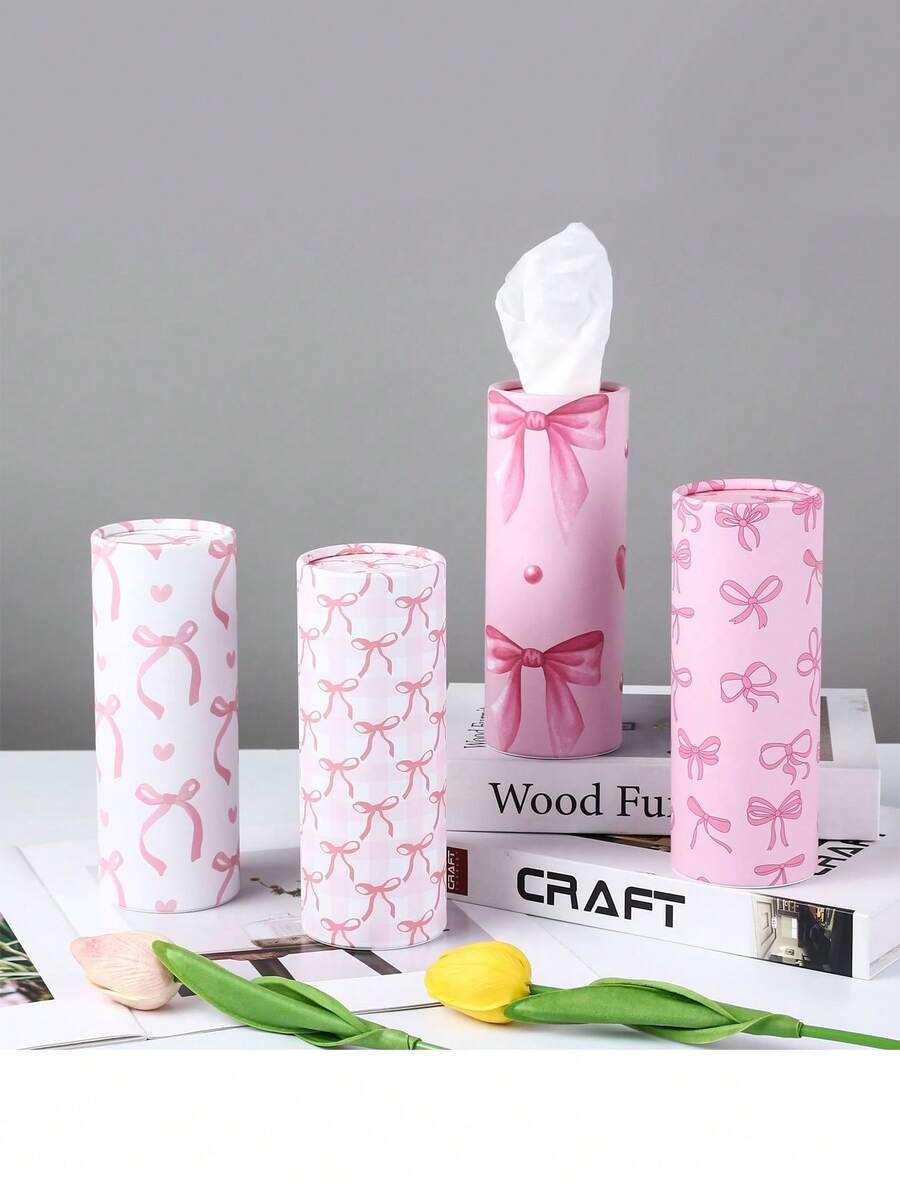 1pc Cute Pink Bow Print Tissue Box Holder - Portable Round Tube Car And Home Tissue Box - Bow - View 1
