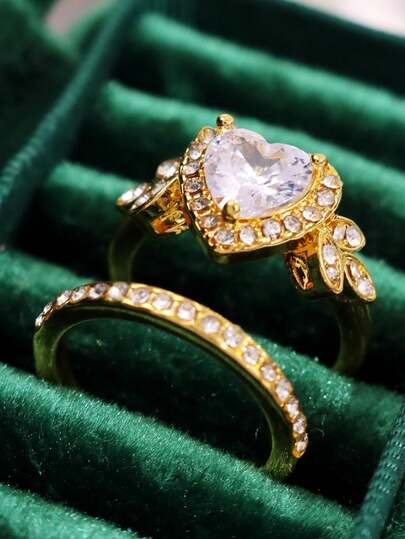 1 Set Of 2 Elegant, Minimalist, Unique, Chic, High-End Rhinestone Heart Lace Rings, Suitable For Daily Wear, Holidays, Parties, Women's Jewelry