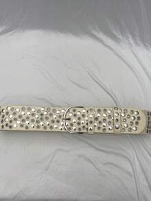 Y2K Beige Wide Belt, Sexy Punk Rock Street Style Metal Rivet Decor Faux Leather Belt - Beige - View 10