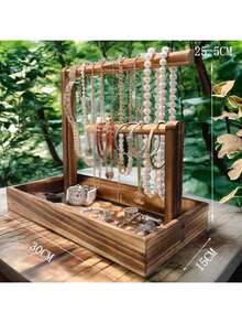 1pc Rustic Wooden Jewelry Organizer Stand - Versatile Desktop Display For Necklaces, Bracelets, Watches, Beads - Rectangular Solid Wood Jewelry Rack, No Electricity Needed, Jewelry Towers