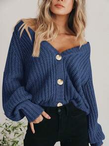 Women's Fall Chunky Knit Open Front Sweater Long Sleeve Button Loose Short Cardigan Outerwear Coats - 灰藍色 - 查看 2