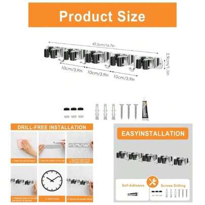 Stainless Steel Mop Broom Holder Wall Mount Heavy Duty Organizer, Non - Slip Hanger KitchenBathroomGarage - Space Saving Storage With Rustproof Hooks 1, Black