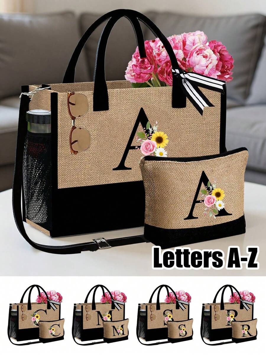 Personalized Floral Letter Linen Canvas Tote Bag Set, A-Z Letter Large Capacity Tote Bag With Matching Small Pouch, Suitable For Carrying Daily Essentials, Groceries, Travel Items, For Women, Fashion Lovers, Personalization Enthusiasts, Great For Daily Use, Shopping, Beach Travel, Adding Fashionable Personalized Accent To Outfits, Christmas/New Year Gift - Multicolor - View 1