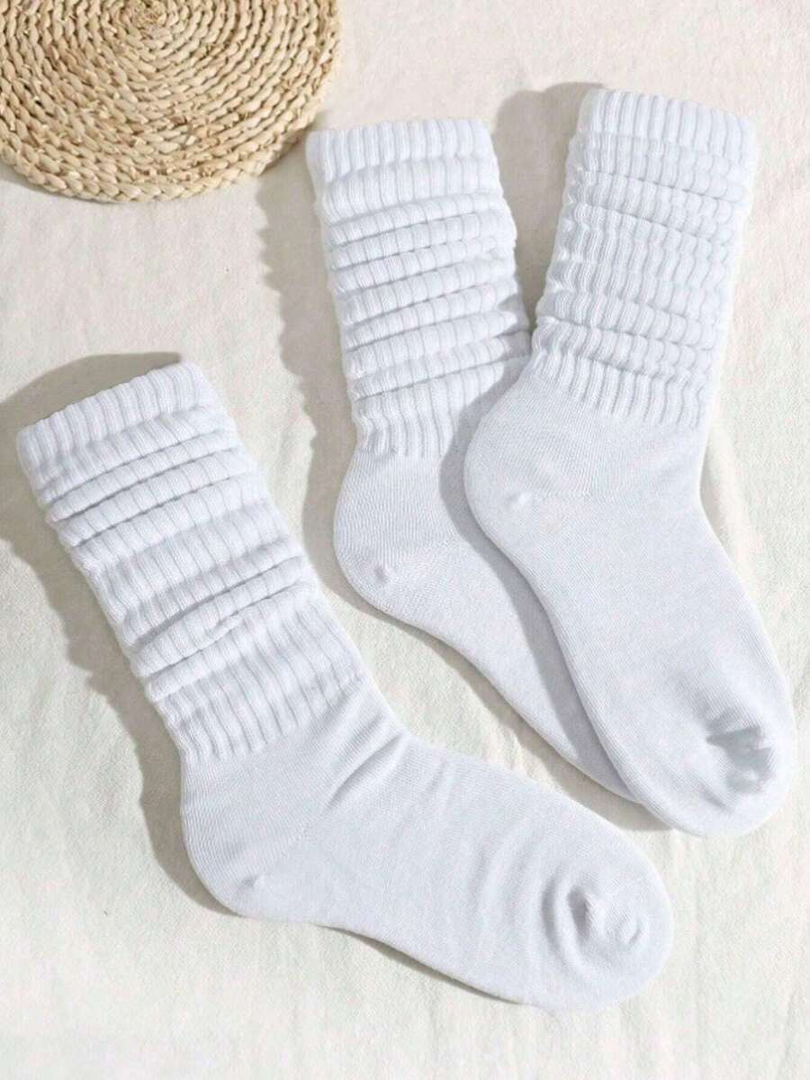 1 Pairs Of Women's Plain White Crew Socks  Plain    Fabric    Rib-Knit      Plain    Fabric    Rib-Knit - White - View 1