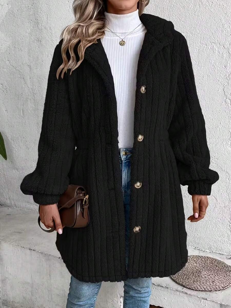 Abrigo de peluche con capucha y manga larga para mujer, chaqueta informal corta de punto acanalado, abrigo cálido de invierno - Negro - Ver 1