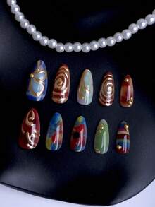 24 piezas Juego de uñas postizas con forma de almendra, acabado metálico, textura de cocodrilo colorida, adornadas con hilos, patrones dorados deslumbrantes, creando una atmósfera de dopamina, estilo de pintura al óleo borrosa, adecuadas para citas, reuniones, fiestas, salidas, cada uña postiza viene con 1 pieza de gel de gelatina y 1 pieza de lima de uñas. Suministros de uñas - Multicolor - Ver 5