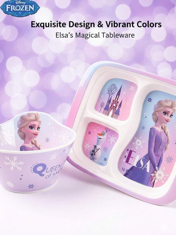 Disney Frozen Elsa, 3pcs Set Of Cutlery With Divider Plate And Fork Spoon, Melamine Material Family Specific Staple Food, Salad, Milk Cereal Three Grid Plate, Dessert Cake Fork Spoon, Suitable For Gift Giving And Outdoor Picnic Carrying