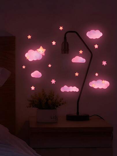 Pegatina de pared luminosa con forma de nube rosa de estilo elegante de 20 cm - Forma asimétrica autoadhesiva de PVC con decoración de estrella y luna, adecuada para dormitorio y decoración de habitación - Removible y desechable. Pegatinas de pared, decoración de pared, decoración de dormitorio, decoración de cocina, decoración del hogar