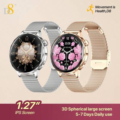 D8 女士智能手表，优雅时刻光彩绽放，1.27 英寸 360*360 高清全触控屏，蓝牙通话（清晰通话质量），健康监测（全天候心率、血压、血氧、睡眠追踪），100 多种运动模式（跑步、瑜伽、游泳、健身、舞蹈），IP67 防水，兼容安卓/iOS 系统，抬腕亮屏，消息提醒。