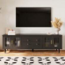 Low Cabinet, Retro-Style TV Stand: Gold Handles, Plenty Of Storage Space. With A Glass Door And Solid Wood Legs. - 黑色+刨花板+70-79英寸 - 查看 8