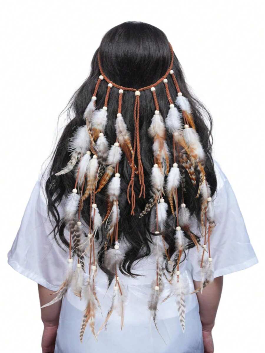 Tiara de Penas Boêmia, Cocar Hippie, Tiara de Fantasia Roxa, Acessórios de Cabelo com Penas para Mulheres, Halloween, Roupas de Praia, Acessórios de Verão - Multicolorido - Visão 1