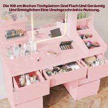 Devoko Vanity Unit With LED Lighting, 3-Stage Brightness Control, Vanity Unit With Adjustable Mirror, 7 Drawers And Open Shelves, Modern Wooden Dressing Table For The Bedroom, Stylish Contemporary Design, Stepless Dimming, White/Pink/Black - 粉色 - 查看 4