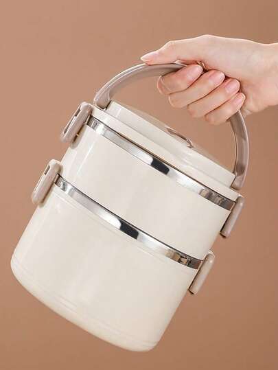 2 couches Boîte à bento ronde, boîte à lunch scellée avec couvercle, boîte à repas portable (garde la nourriture au chaud pendant environ 1 heure, mieux avec un sac isotherme. La soupe et les liquides doivent être placés dans la couche supérieure, ouvrir l'évent sur le couvercle avant de l'ouvrir)