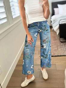 2026 New Arrival] Fall/Winter Essentials: High-Waisted Floral Print Straight-Leg Jeans | Christmas Holiday & Winter Wardrobe | Tall Size Fit | Pantalones Jeans De Mujer | Ropa De Invierno Mujer | Denim Stretch Slimming Design - 淺藍色 - 查看 4