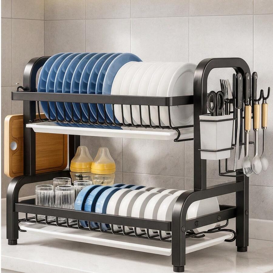 Multifunctional Kitchen Rack For Dishes, Bowls, Cutlery Storage, Countertop Draining Rack - màu đen - Xem 1