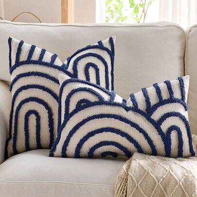 1pc/2pcs Set Semi-Circle Geometric Pattern Pillow Case, Canvas Circle Velvet Embroidery Crafted Square Cushion Cover, For Daily Use In Bedroom, Living Room, Sofa, Yard, Garden Decor, Without Core 30*50cm 45*45cm