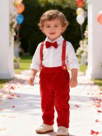 两件套男童绅士套装 - 长袖衬衫配领结 + 吊带红色长裤，圣诞节、生日、节日派对正式西装