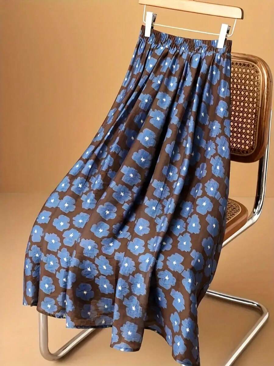 女士波西米亚风印花褶裥腰部中长喇叭裙，休闲优雅 - 棕色 - 查看 1