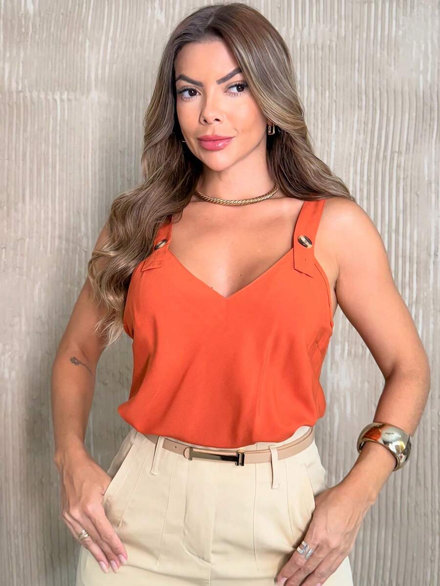 Rainbow Strappy Tank Top With Button, Thick Straps, Plain Viscose Blouse, Dune Print, Sizes M, G, GG (36-42), Summer, Women's, Casual, Elegant And Comfortable - 117-TELHA - 查看 1