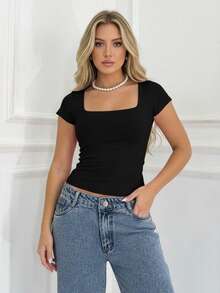 Set Of 3 Women's Baby Look Blouses With Square Neckline, Short Sleeves, Basic Shaping, Versatile, Casual Fashion, No Transparency, Fabric With Elastane, , Blogger Style, Affordable - NƯỚC XANH-ĐEN-TRẮNG - Xem 5