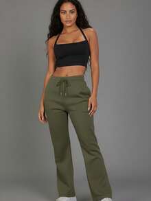 Women's Casual Long Straight Leg Sweatpants With Drawstring And Pockets For Everyday Comfort - Olive - View 1