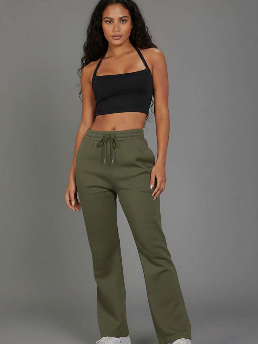 Women's Casual Long Straight Leg Sweatpants With Drawstring And Pockets For Everyday Comfort - Olive - View 1