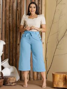 Women's Pantacourt Linen Pants, High Waist, Bow Detail, And Pockets - Baby Blue - View 2
