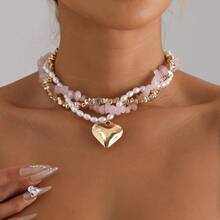1pc Elegant 3-Layer Beaded Heart Necklace For Women, Suitable For Holidays, Birthdays, Dates, Parties, Vacations, Casual Wear - Love - View 1