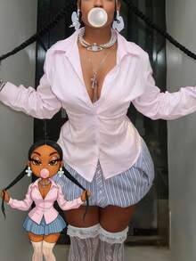 女式粉色条纹翻领长袖衬衫，商务休闲街头复古条纹衬衫