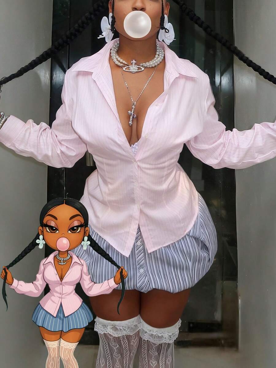 女式粉色条纹翻领长袖衬衫，商务休闲街头复古条纹衬衫