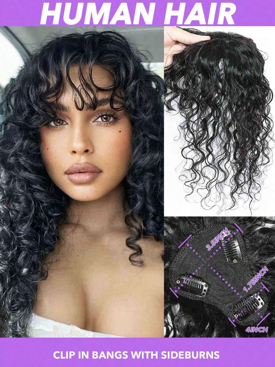 T型人发发片假发，带刘海，水波纹纹理（卷发/波浪），女士适用，自然逼真，增加发量，即刻提升发量，适合日常佩戴，适合所有米色调和头皮类型（无需胶水/蕾丝），8-10英寸，自然黑和浅棕色 - 彩色 - 查看 1