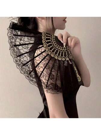 1 pieza Nuevo abanico plegable de encaje negro estilo vintage chino Cheongsam con borlas, estilo antiguo