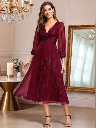 Women's Elegant V Neck Long Sleeves Glitter Twist Knot Ruched Tea-Length Burgundy Bridesmaid Dresses Wedding Guest Dress For Wedding Semi Formal Dress