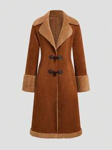 Valentine's Day, Date Night Outfit, Gifts For Her GLOURI Women's Vintage Brown Faux Suede Sherpa Winter Trench Coat -  Western Style With Notch Lapel & Midi Length | Cozy Fleece Winter Jacket For Casual & Seasonal Wear - Brown - View 3