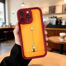 Cubierta de telefono con borde negro y parte trasera naranja con diseño de figura humana sosteniendo globo amarillo ideal para uso diario en cafeterias y espacios urbanos Aplicable a los teléfonos de la serie Apple y Galaxy - Café integral - Ver 5