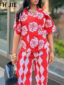 Women's Red Short Sleeve V Neck Floral And Geometric Print Top With Matching Wide Leg Pants Boho Casual Two Pieces Set,New Year Set
