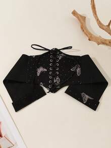 1 pièce Élégante ceinture élastique à cordon de serrage avec imprimé papillon noir