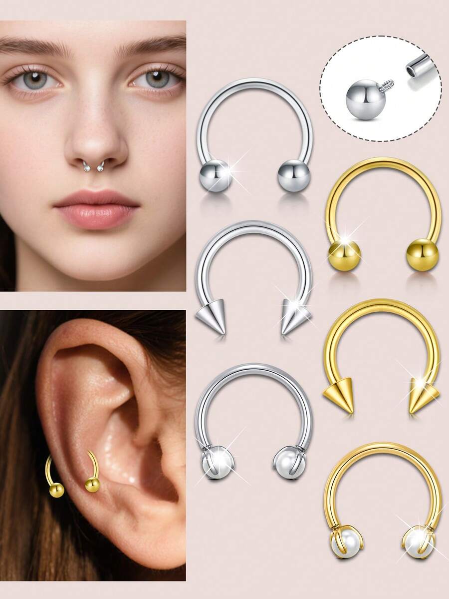CIZME 1/3 piezas Anillos de septum con rosca interna, aro de nariz en forma de herradura de acero inoxidable 18G, anillo de septum de nariz con bola redonda, remache con perla en la parte superior, aro de nariz en forma de herradura de 8 mm en plata y oro, pendientes, anillos de ceja y labio, joyería hipoalergénica para perforación para mujeres y hombres
