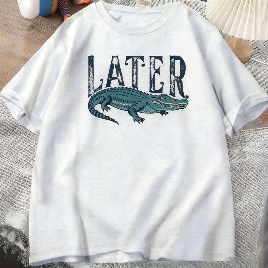 Women Later Gator Funny Crocodile Lightweight Tee, White Pink Breathable All Season Round Neck Top, Machine Washable Daily Playful Fashion Shirt - 查看 1