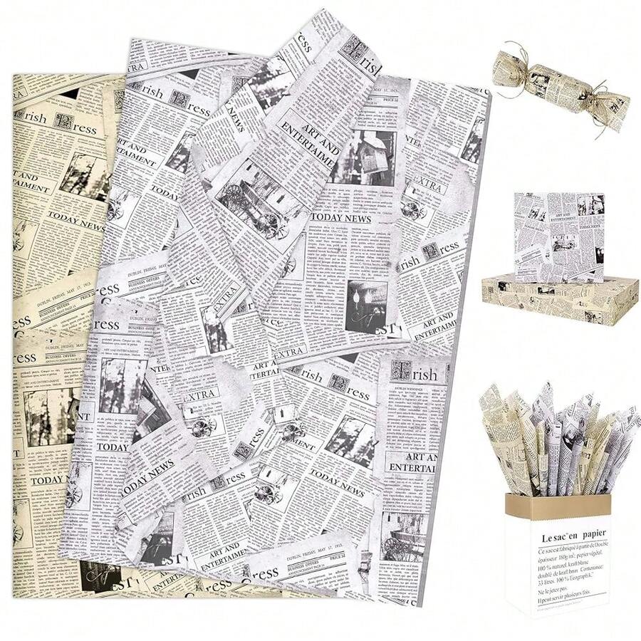 Larcenciel 100 Sheet Vintage Newspaper Tissue Paper, Old News Print Gift Wrapping Tissue Paper For Gift Bags Packaging, Black Beige Art Tissue For Wedding Birthday Party Holiday Decor Craft, 20x14inch{Inchcolor_nameinch:InchBlack/Whiteinch} - 黑色/白色 - 查看 1